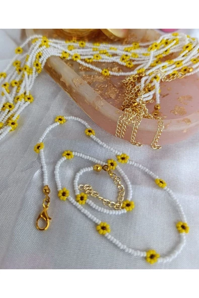 Papatyalı Kum Boncuk Zarif Tasarım Kolye Beyaz 1 Adet ürün görseli