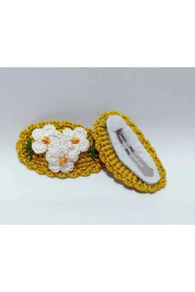 İşlemeli Beyaz 3 Çiçek Kız Çocuk Toka 2'li Set Hardal Tek Ebat - 2