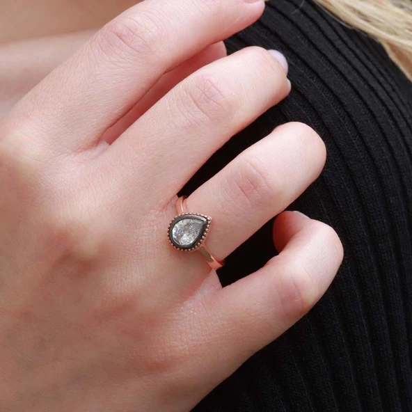 Damla Elmas Montür Rose Gold Kaplama Gümüş Yüzük ürün görseli 1