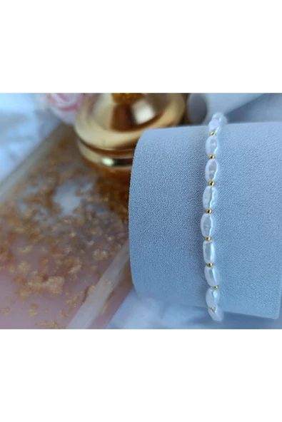 Arpa İnci Gold Renk  Altın Kaplama Tasarım Bileklik Gold S - Resim 3