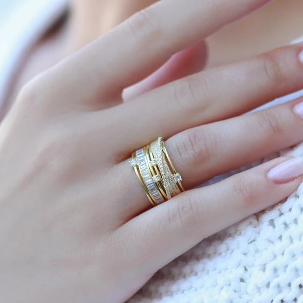 Sarmal Model Zirkon Taşlı Gold Kaplama Gümüş Yüzük - Resim 2