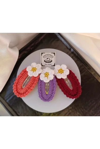 Papatya Çiçek  Nar Çiçeği Eflatun Bordo 3 lü Toka Seti,El Örgüsü Toka Nar Çiçeği Tek Ebat - Resim 2