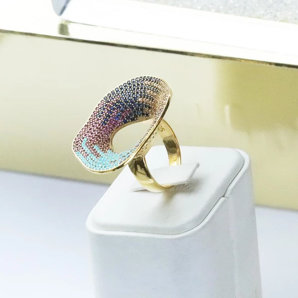 Milliner Renkli Zirkon Taşlı Gold Kaplama Gümüş Yüzük - 3