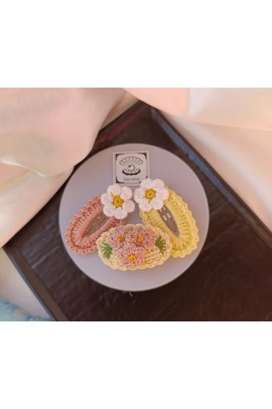 Papatya Çiçek Somon Açık Sarı 3 lü Çıtçıt Toka Seti,El Örgüsü Toka Somon Tek Ebat - 2