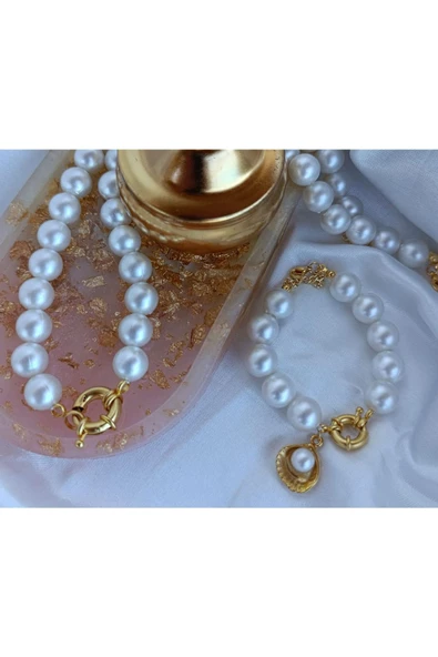 Altın Kaplama Dümen Kapama Altın Takmalık İncili Tasarım Kolye Bileklik Set 10mm Krem ürün görseli