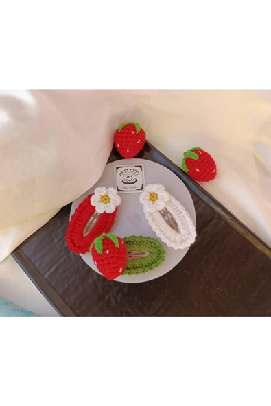Kırmızı Çilekli Çiçekli Yeşil Beyaz 3 lü Çıtçıt Toka Seti,El Örgüsü Toka Kırmızı Tek Ebat - Resim 2