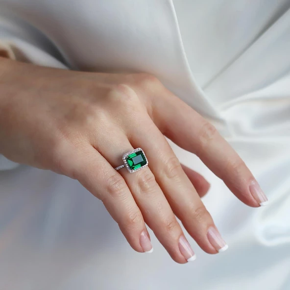 Baget Kesim Zümrüt Taş Gümüş Yüzük - Resim 2