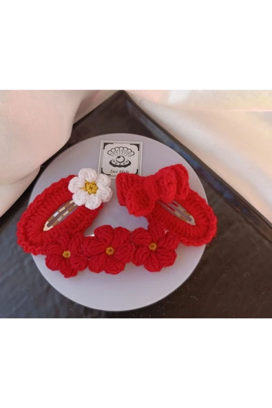 Kırmızı Çiçekli Fiyonklu 3'lü Çıtçıt Toka Seti,El Örgüsü Toka Kırmızı Tek Ebat - 2