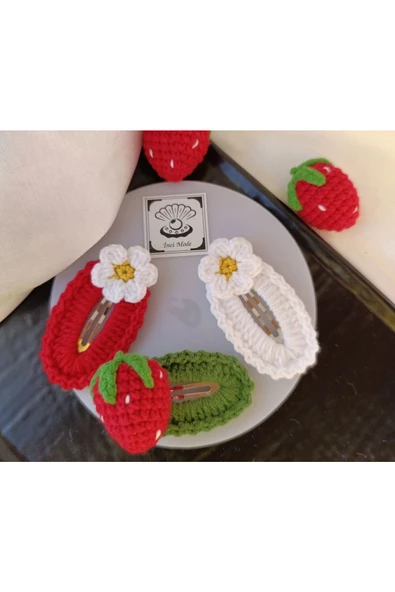 Kırmızı Çilekli Çiçekli Yeşil Beyaz 3 lü Çıtçıt Toka Seti,El Örgüsü Toka Kırmızı Tek Ebat ürün görseli