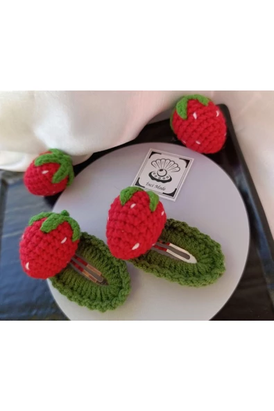 Sevimli Çilek 2'li Çıtçıt Toka Seti,El Örgüsü Toka Kırmızı Tek Ebat - 2