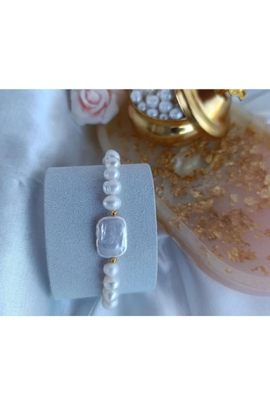 Gerçek Tatlı Su İncisi Barok Aranjman Dorikalı Tasarım Bileklik Beyaz - Resim 4