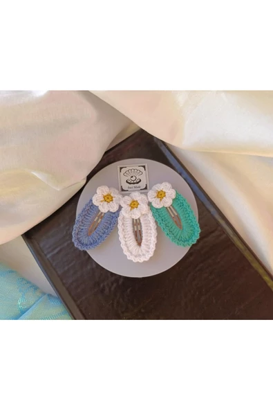 Papatya Çiçek Beyaz Turkuaz Kot Mavisi 3 lü Çıtçıt Toka Seti,El Örgüsü Toka Turkuaz Tek Ebat - 2