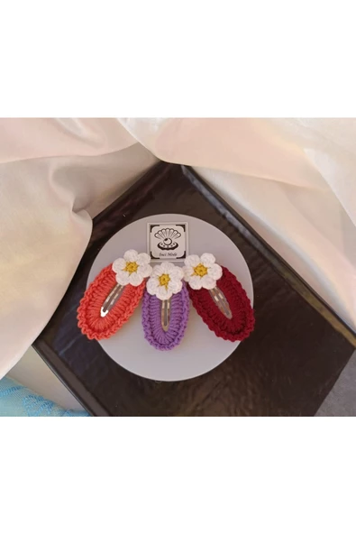 Papatya Çiçek  Nar Çiçeği Eflatun Bordo 3 lü Toka Seti,El Örgüsü Toka Nar Çiçeği Tek Ebat ürün görseli