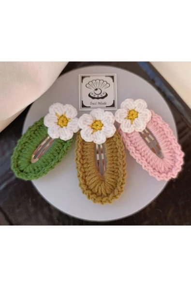 Papatya Çiçek Açık Yeşil Açık Kahve Balerin Pembe 3 lü Çıtçıt Toka Seti,El Örgüsü Toka Kırmızı Tek Ebat - 2