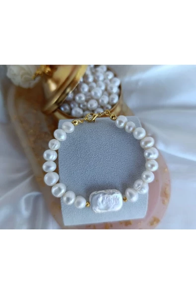 Gerçek Tatlı Su İncisi Barok Aranjman Dorikalı Tasarım Bileklik Beyaz ürün görseli