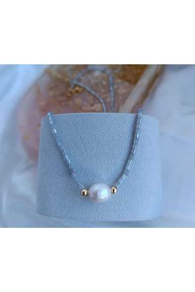 Tatlı Su incisi Boncuk Detay Spor Tasarım Dorikalı Altın Kaplama Kadın Kolye Gri ürün görseli