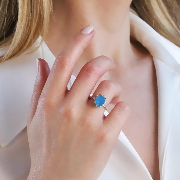 Mavi Paraiba Taşlı Kare Lotus Çiçeği Gümüş Yüzük - Resim 4