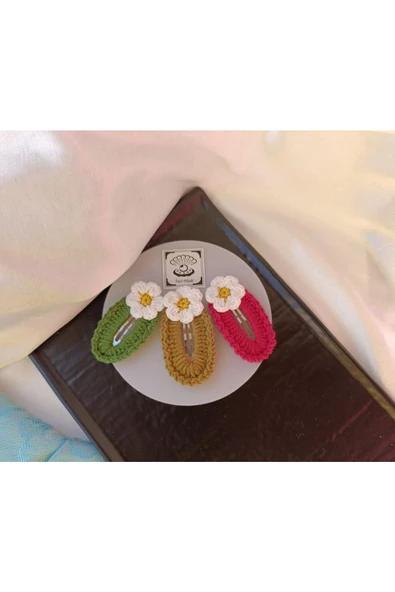 Papatya Çiçek Yeşil Açık Kahve Fuşya 3 lü Çıtçıt Toka Seti,El Örgüsü Toka Yeşil Tek Ebat - 3