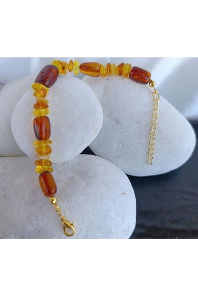 Damla Kehribar Altın Kaplama Klipsli Tasarım Bileklik Kahverengi S - Resim 3