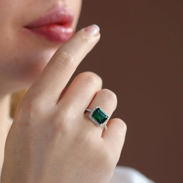 Baget Kesim Zümrüt Taş Gümüş Yüzük - Resim 3