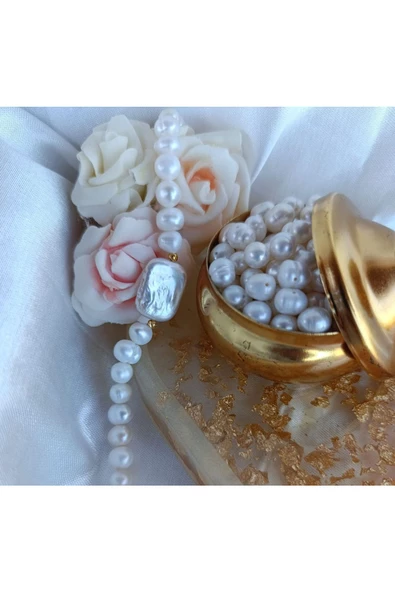 Gerçek Tatlı Su İncisi Barok Aranjman Dorikalı Tasarım Bileklik Beyaz - Resim 2