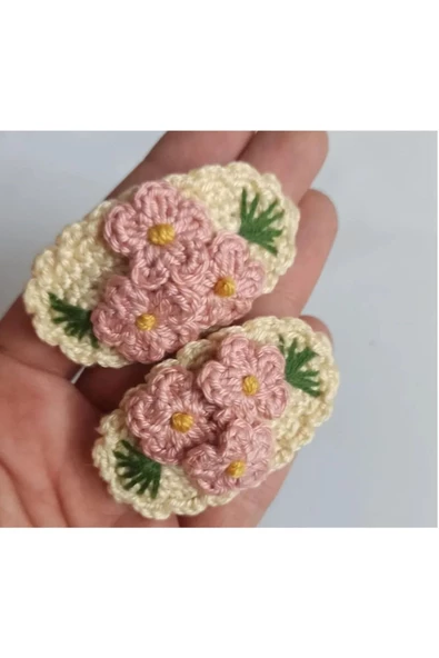Çocuk Üç Çiçekli Amigurumi Örgü Toka Bej Tek Ebat ürün görseli