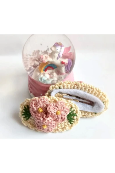 Çocuk Üç Çiçekli Amigurumi Örgü Toka Bej Tek Ebat - Resim 2
