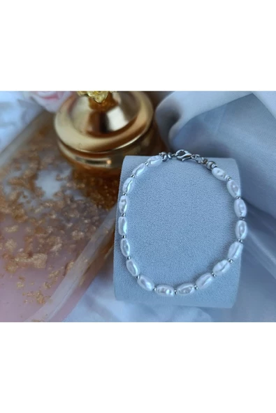 Arpa İnci Gold Renk  Altın Kaplama Tasarım Bileklik Gümüş S - Resim 2