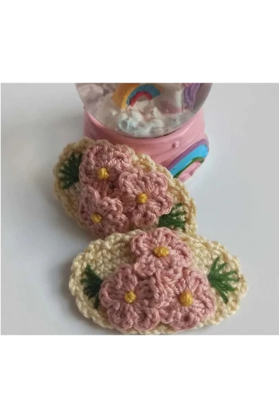Çocuk Üç Çiçekli Amigurumi Örgü Toka Bej Tek Ebat - Resim 3