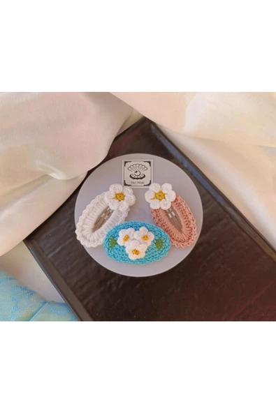 Papatya Çiçek  Beyaz Turkuaz Somon 3 lü Çıtçıt Toka Seti,El Örgüsü Toka Beyaz Tek Ebat - 2