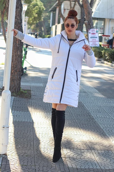 Kışlık Kapüşonlu Orta Boy Şişme Kadın Mont - 5