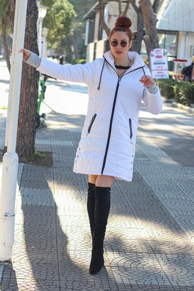 Kışlık Kapüşonlu Orta Boy Şişme Kadın Mont - Resim 5