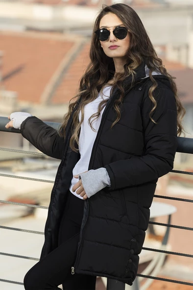 Kışlık Kapüşonlu Orta boy Kadın Şişme Mont - 2