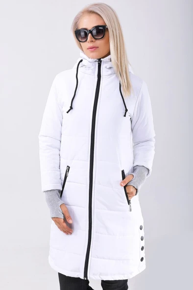 Eldiven Detaylı Kışlık Kapüşonlu Orta Boy Kadın Şişme Mont - Resim 5