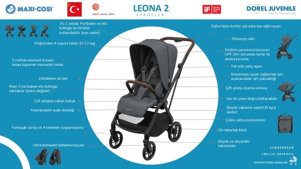 Maxi-Cosi Leona2 Çift Yönlü Uzatılabilir Sırt Desteği Tam Yatabilir Bebek Arabası Twillic Graphite - 3