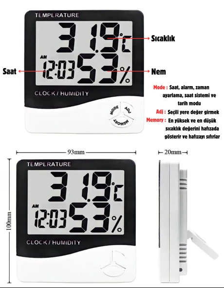 Dijital Oda Termometresi Sıcaklık Ve Nem Ölçer Masa Saati Alarm - 2
