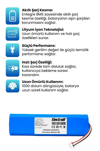 Ecovacs Deebot N8 Robot Vacuum Cleaner Robot Süpürge (Yüksek Kapasite) 3200mAh Süpürge Pil - 2