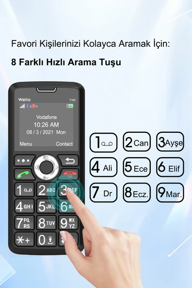 Welio WKey T100 Kamerasız Asker/Yaşlı Tuşlu Cep Telefonu Siyah/Mavi - 4