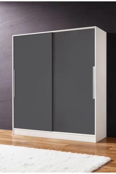 AEKA Ae-4001 Zambak Sürgülü Dolap Çok Raflı Çekmeceli Askılı Beyaz Kasalı (Gri-Gri Kapaklı) Gardırop
