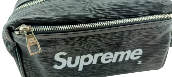 Supreme Deri Unisex iki Gözlü Siyah El Çantası  (30x14.5cm) - 5