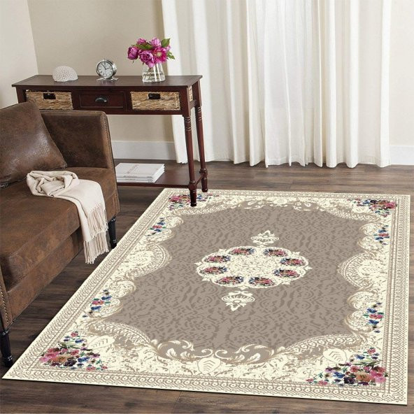 Çiçek Sepeti Motifli Ayna Desenli Kaymaz Taban Yıkanabilir Dijital Baskı Salon Halısı - 1