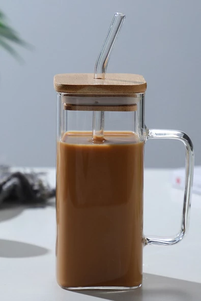 2 Adet Bambu Kapaklı Kulplu Isıya Dayanıklı Termisil Cam Kupa Bardak Kokteyl Sunum Kahve Bardağı - Resim 3