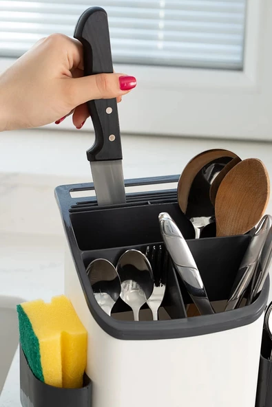 Tezgah Üstü Dik Süngerlikli Kaşıklık Bıçaklık Çok Amaçlı Mutfak Organizeri Düzenleyici Standı - Resim 2