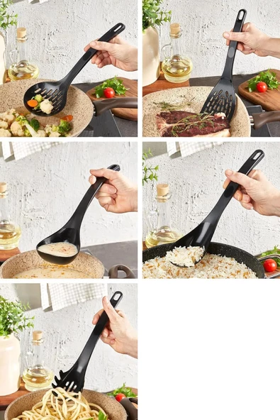 Pratik 5'li Yanmaz Yapışmaz Teflon Servis Seti 220 Derece Dayanıklı Servis Sunum Seti Siyah Set - Resim 2