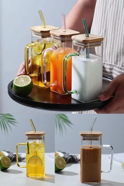 Bambu Kapaklı Kulplu Isıya Dayanıklı Termisil Cam Kupa Bardak Kokteyl Sunum Kahve Bardağı 350ml