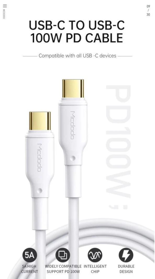 Mcdodo 100W TypeC TypeC Macbook Hızlı Şarj Kablosu 5A CA-8350 Beyaz