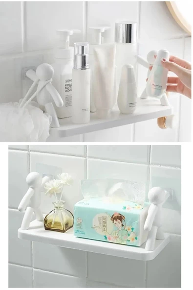 2 Adet Sevimli İnsan Motifli Banyo Mutfak Ofis Baharat Rafı Kendinden Yapışkanlı Çöp Adam Rafı - 2