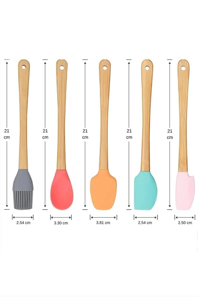 5 Parça Bambu Saplı Mini Silikon Spatula,Kaşık,Fırça Seti- Yüksek Kalite Silikon Set-BPA Free - 2