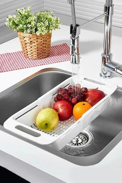 Sürgülü Ayarlanabilir Pratik Lavabo Evye Süzgeci Açılabilir Süzgeç- Beyaz