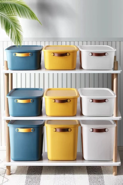 3 Adet Çok Amaçlı Deri Kulplu Kapaklı Saklama Kutusu Çok Amaçlı Düzenleyici Dekoratif Kutu 15LT - 2